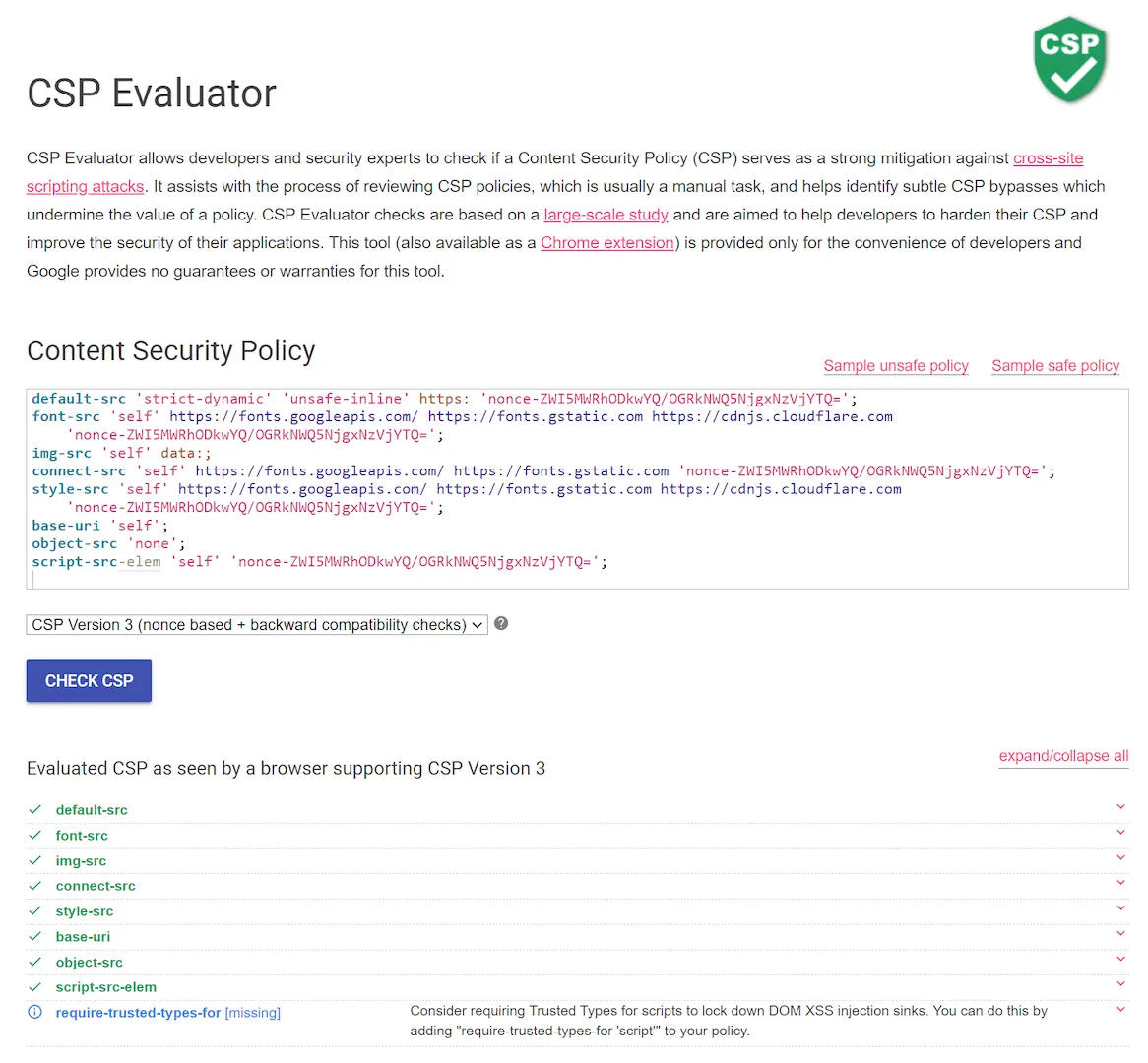 Gambar adalah tangkapan layar hasil test website saya di csp evaluator dengan hasil semua centang hijau dan lambang perisai csp berubah menjadi hijau